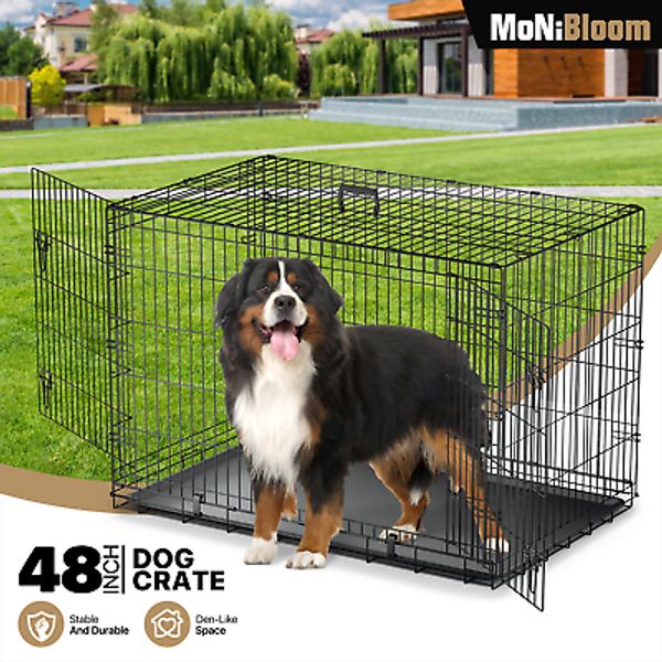 48" Large Metal Dog Crate Folding Pet Cage Kennel Double doors w/Slide-out Tray