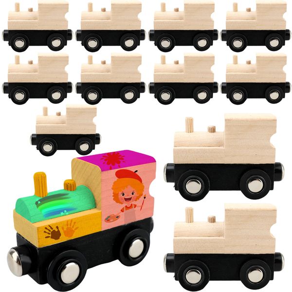 Hoarost 12 Pcs Wooden Trains Toys Unpainted Wood Train Cars Weak Magnetic Suction Paintable Wooden Railway for Kids Educational Toys Birthday Christmas Party Gifts (Style Set 1)