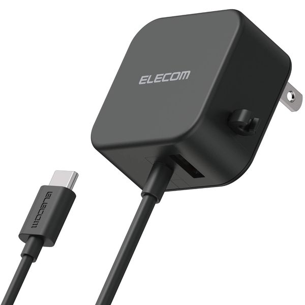 Elecom MPA-ACC22BK Charger, Total 12 W, A Port x 1, Type-C Cable, 3.9 ft (1.5 m), Compatible with Android/Tablets, Black