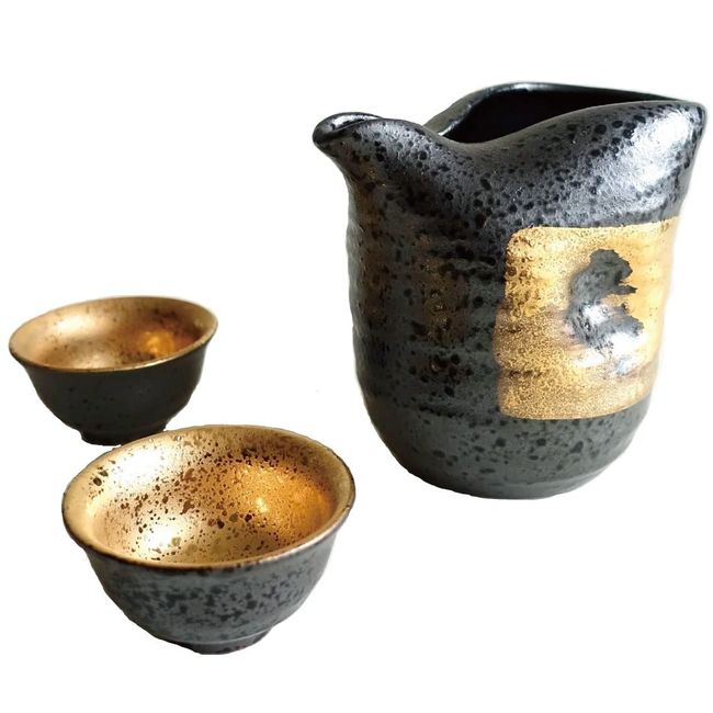 Sake Set, Stylish Tokkuri Ochoko Set, Cold Sake, Japanese Sake, 2.2 Pieces, Mino Ware, Black, Gold, Made in Japan, Guinaki, Cup