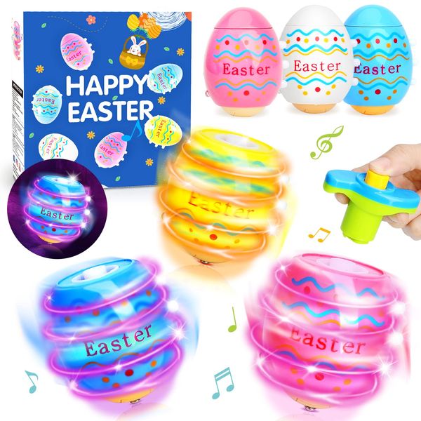 Light Up Easter Eggs Toy Gifts for Kids, 6 Easter Egg Spinning Tops with Flash & Music, Easter Basket Stuffers, Easter Eggs Hunt Prize, Kids Goodie Bag Fillers, Party Favor Novelty Bulk Toys