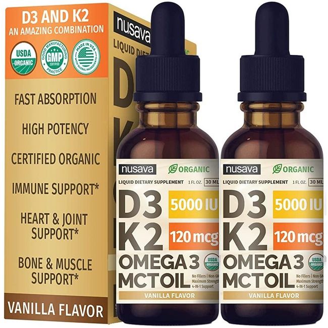 NUSAVA 2 Packs Organic Vitamin D3 Drops MCT Oil Omega 3 5000 IU Maximum Strength D Liquid No Fillers Fast Absorption Non GMO Vanilla 2 oz