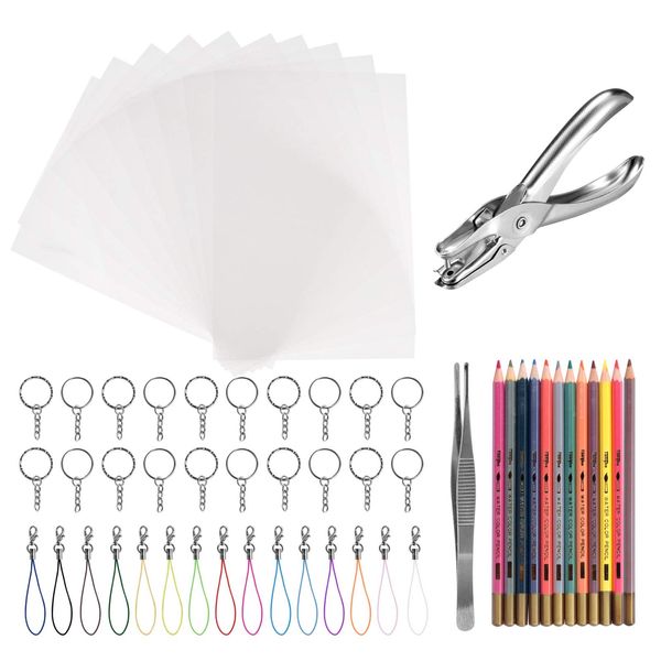 BAPHILE 64pcs Heat Shrink Plastic Sheets& Shrinky Art Paper Kit with 15PCS Clear Plastic Blank Sheets, Hole Punch, Keychains, Colored Lobster Clasp, Pencils for Kids Creative DIY Handmade Craft