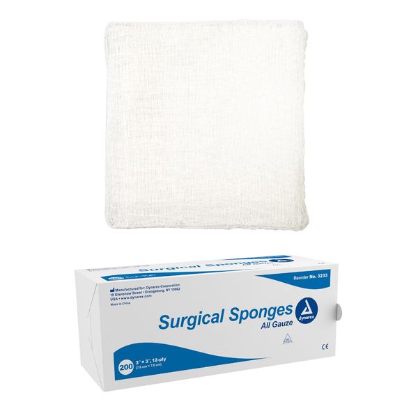 Dynarex Surgical Gauze Sponges- Absorbent Cotton Fabric with Folded Edges - Soft, Durable, Non-Sterile Dressing - 3x3, 12-Ply - Sleeve of 200 Sponges