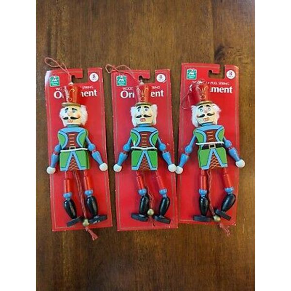 New Vintage Wooden Christmas Pull Sting Dolls Nutcrackers Set Of 3 Ornaments