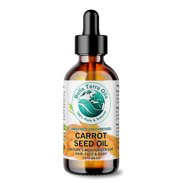 Bella Terra Oils - Organic Carrot Seed Oil 2 oz - Cold-Pressed Elixir, Abundant in Vitamin A & E, Beta-Carotene Richness, Ideal for Nourished Skin Radiance