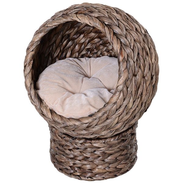 20" Hooded Rattan Wicker Elevated Cat Bed House with Cushion Indoor Pet Kitten