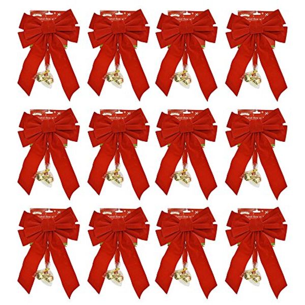 Black Duck Brand Set of 12 Red Velvet 20" x 9" Festive Holiday Christmas Bows with Bells - Perfect as Tree Ornaments - Tree Filler - Decorative Ornaments - Perfect for Preparing for The Holidays!