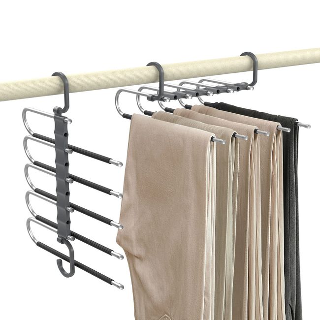 Housolution Hangers, Pants Hangers, Set of 2, Slacks, Hangers, Non-Slip, 5 Tiers, Folding, Drying Stand, Space Saving, Vertical and Horizontal, Non-Slip, Wrinkle Resistant, Stainless Steel,