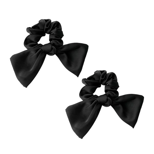 scicent Haargummi Schwarz 2 Stück Geknotete Scrunchies Satin Haargummis Elastische Schleife Pferdeschwanzhalter Seidiges Haarband Langer Haarschmuck für Frauen und Mädchen - 5007