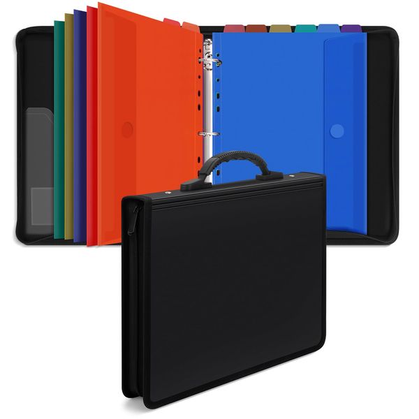 Uquelic A4 Ring Binder Organiser with 12 Pcs Punched Pockets - Upgraded Folders for Paperwork with Handle, Popper Wallets Folder Organiser for Home Office - Black