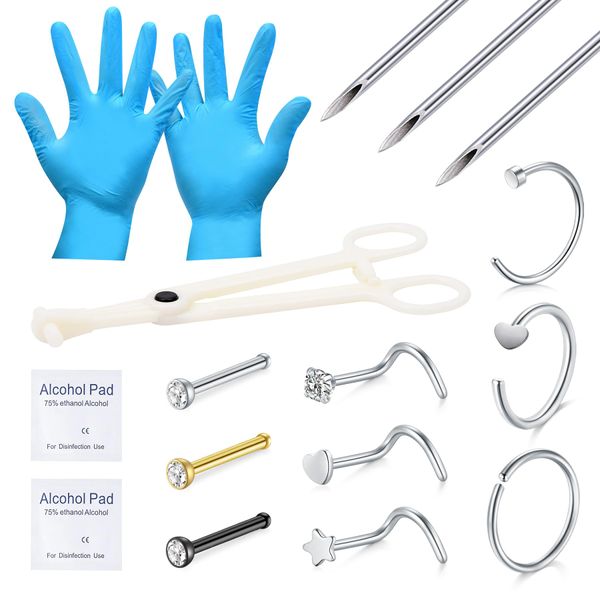 VFUN 16pcs Disposable Nose Piercing Kit，18G 20G Nose Piercing Needles,Nose Piercings Self Nose Piercing Body Jewelry for s Women Men