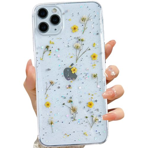 LSEEKA for iPhone 11 Pro Max Clear Case with Pressed Real Flowers Design,Glitter Cute Yellow Floral Pattern Slim Soft TPU Protective Women Girl's Phone Cover for iPhone 11 Pro Max