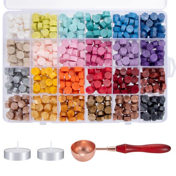 Sealing Wax Beads Set, Seal Stamp 24 Colours Octagonal with 1 Spoon and 2 White Candles for DIY Wax Envelopes Letters Wedding Invitations Cards (600 Pieces)