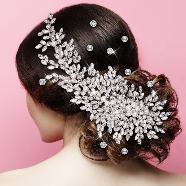 13 Pcs Wedding Hair Comb Crystal Rhinestones Hair Clip Pearl Wedding Hair Pins Bridal Head Clip Bridal Hair Accessories U Shape Rhinestone Bobby Pins Feather Shape Pearl Hair Comb for Bride Bridesmaid