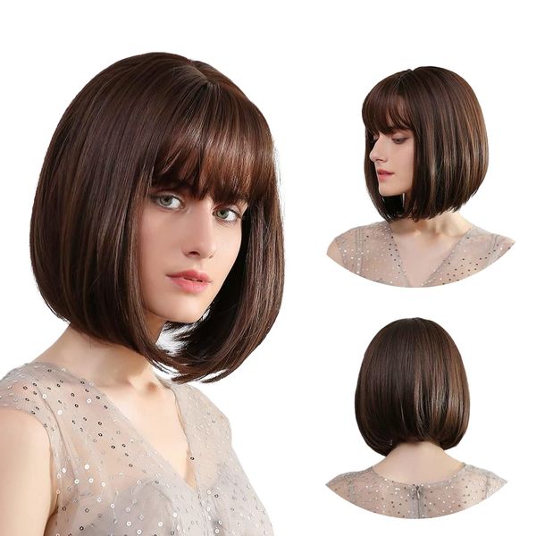 Brown Bob Wig with Bangs Short Wigs Synthetic Hair Short Brown Wigs Hair Bangs Wig Human Hair Wig Short Short Straight Short Bob Wig Bob Hair Wig Daily Party Cosplay Costume for Daily Party Halloween