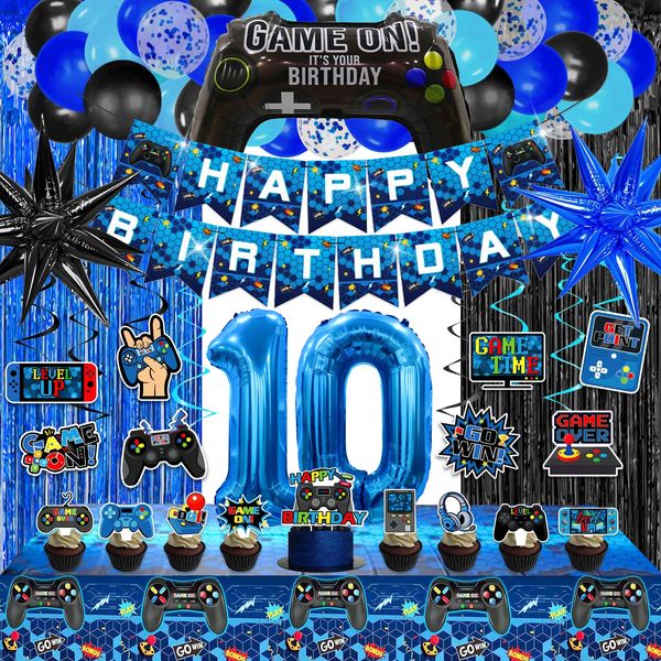 69Pcs Video Game 10th Birthday Party Decorations, Blue Black level 10 Birthday Decorations Banner Hanging Swirls Balloons Garland Arch Foil Curtains Tablecloth for Boys 10th Birthday Decorations