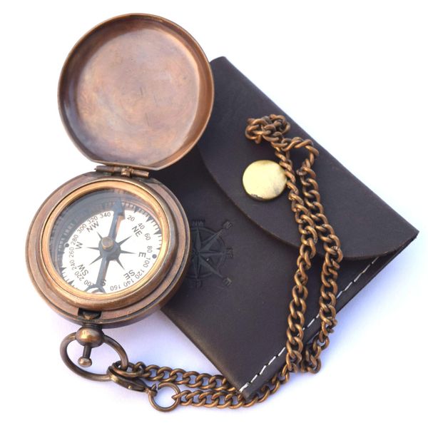 NEOVIVID Handmade Brass Push Open Compass On Chain with Leather Case, Pocket Compass, Gift Compass