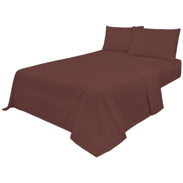 Voice7 Non Iron Chocolate 4pc Sheets Set (Fitted Sheet + Flat Sheet + Pillow Cases Pair) Percale Super Poly Cotton Bedding Sets (Chocolate, Double)