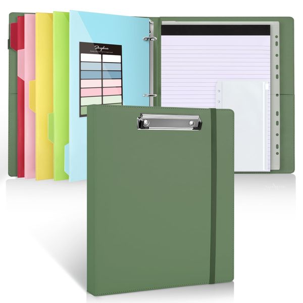 SKYDUE Clipboard Binder with Refillable Notepad, PU Clipboard Folder Includes 5 Dividers with 10 Pockets, Labels, 3 Ring Binder 1 Inch for School Office (Fit Letter Sized Paper)