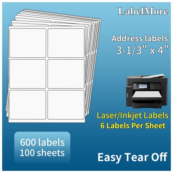 LabelMore 3 1/3 x 4 Labels - 6 Up Self Adhesive Shipping Labels - FBA Labels - 100 Sheet/ 600 Labels