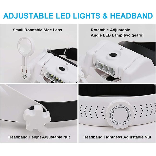 Usb Rechargeable 2 Led Auxiliary Light Wearable Magnifier Magnifying Loupe  With 4 Replaceable Lenses 1.5x/2.5x/3.5x/5x Magnification