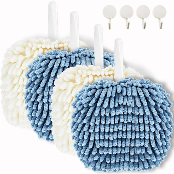 Foli Chenille Hand Towels White And Light Blue Sets of 4 hand towels, Dry your hand instantly and easy to clean Pack of 4