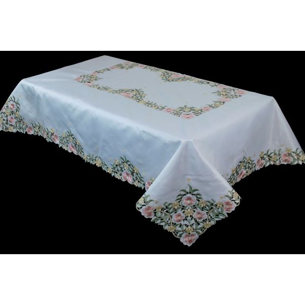 54x72" Rectangle Embroidered Floral Rose Polyester Fabric Tablecloth 6 Napkins