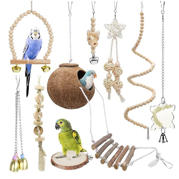 TOLMIOW 9 Pieces Parrots Chewing Natural Wood and Rope Bungee Bird Toy for Anchovies, Coconut Hideaway with Ladder,Bird Perch Stand, Bird Cage Accessories, Parakeets, Cockatiel, Conure, Mynah, Macow