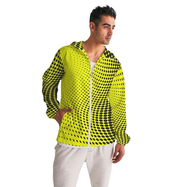 Mens Lightweight Windbreaker Jacket with Hood and Zipper Closure, Yellow Dotted Illustration - Yellow / XS