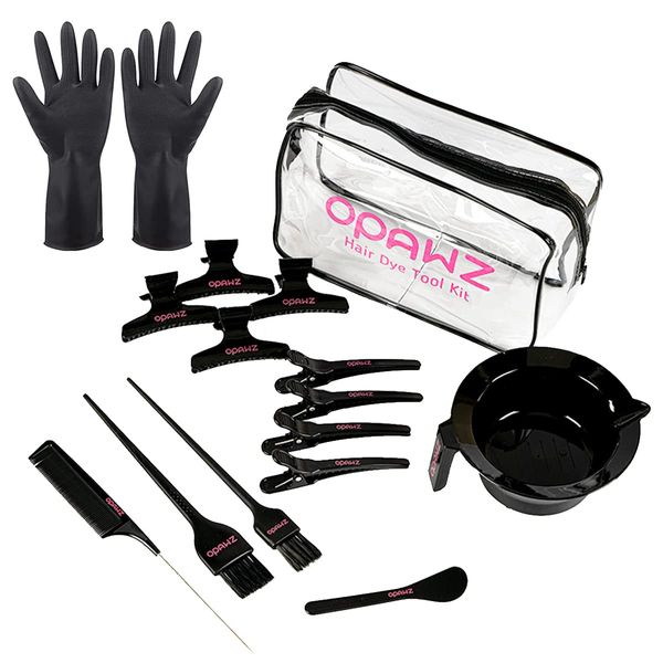 OPAWZ 16Pcs Hair Dye Coloring Kit, Brush and Mixing Bowl Set, Hair Dye Tools Kit, Include Mixing Bowl, Applicator, Clips, Brushes, Comb, Gloves and Reusable Travel Bag for DIY Salon