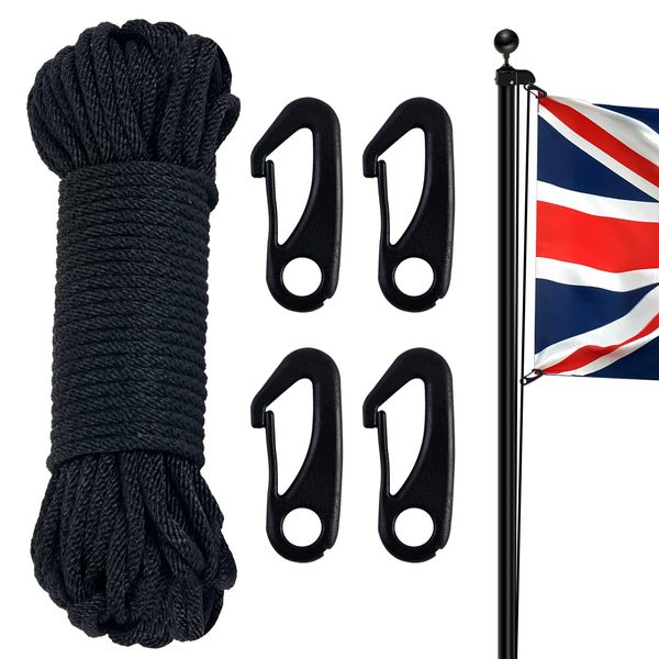 NQ Flag Pole Rope with Flag Pole Clip, 50FT/ 15M Nylon Flag Rope with 4 Pcs Flag Pole Clip Hooks, Flag Pole Halyard Rope Kit, Nylon Cord for Outdoor, Camping, Swing, Clothesline, Garden(Black)