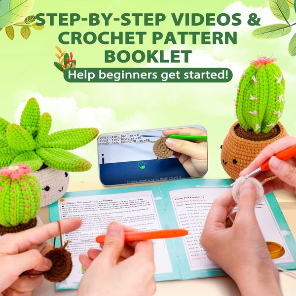 Crochetta Crochet Kit for Beginners - Crochet Starter Kit with Step-by-Step Video Tutorials, Learn to Crochet Kits for Adults and Kids, DIY Knitting Supplies, 4 Pack Plants Family(40%+ Yarn)