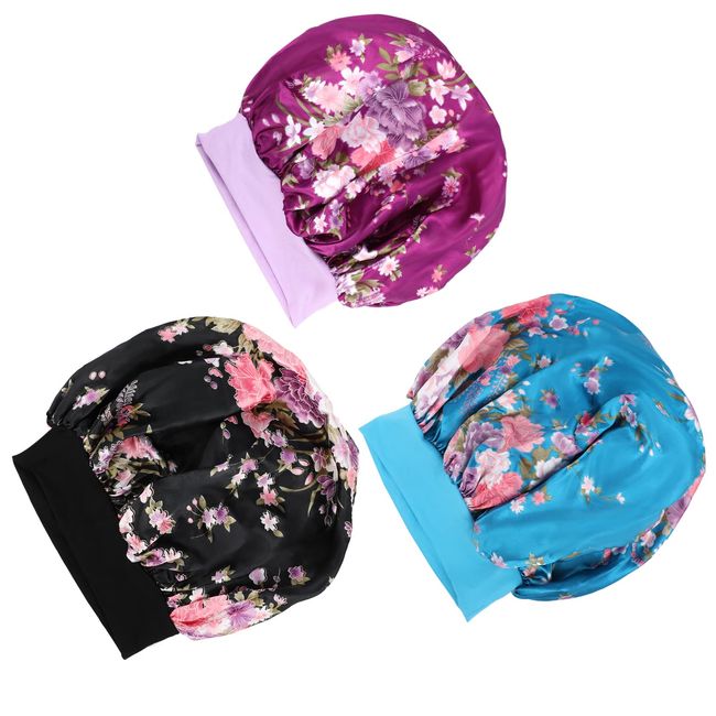 3 Pack Large Satin Bonnets for Women Hair Bonnet for Sleeping Satin Bonnet for Hair Wide Band Silky Sleeping Cap Floral