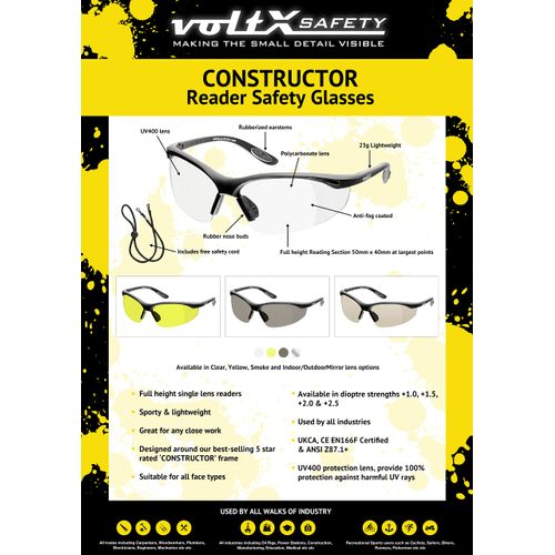 voltX 'Constructor' SAFETY READERS (Clear +2.0 Dioptre) Full Lens Reading Safety Glasses UKCA & CE EN166f certified - Wraparound Style - Includes Safety Cord with headstop + UV400 anti fog coated lens