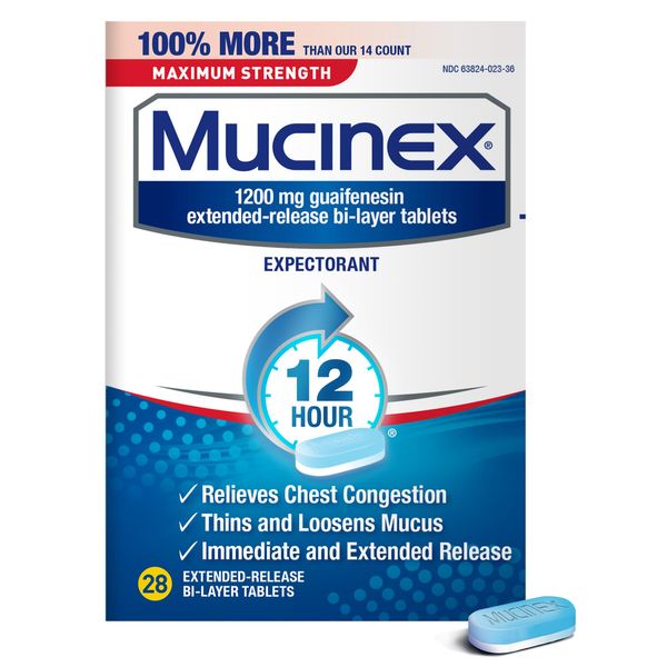 Mucinex 12 Hour 1200mg Maximum Strength Guaifenesin Chest Congestion & Mucus Relief, Guaifenesin Expectorant Aids Mucus Removal, Chest Decongestant for Adults, Dr Recommended, 28ct Tablets