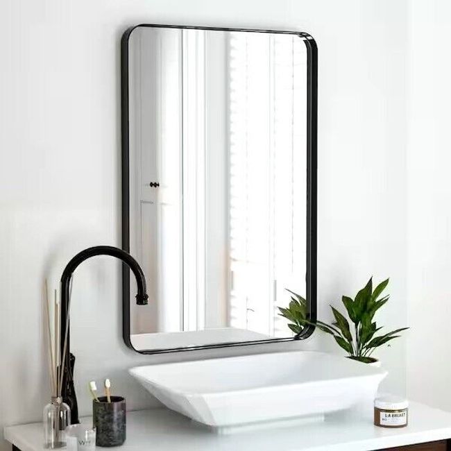 24 in. W x 36 in. H Rectangular Modern Aluminum Framed Rounded Black Wall Mirror