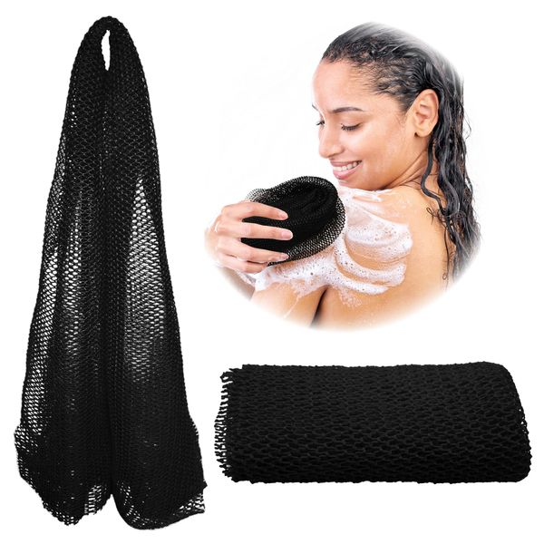 Adeton African Net Sponge, Authentic, Black Owned, Exfoliating Body Scrubber, Long Net Sponge, Body Exfoliator, Sapo, Shower Bath Accessories, Back Foot Scalp Scrub, Flat Dead Skin Remover (Black)