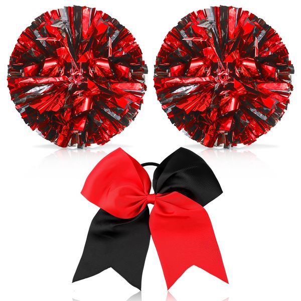 Cheerleading Pom Poms and Large Cheerleader Hair Bow for Girl, 12 Inch Large Metallic Cheer Cheerleader Pom Poms for Sports Team Spirit Cheering (Red and Black Mixed)