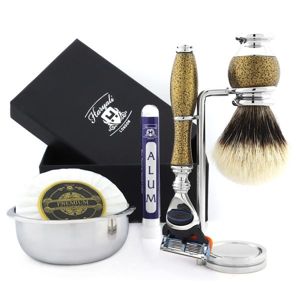 Haryali London 6 Pc Mens Shaving Kit 5 Edge Razor with Silver Tip Badger Hair Shaving Brush, Stand, Soap, Bowl and Alum Perfect Set for Men