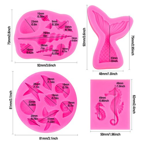 DIY Marine Themed Silicone Mould Set, Mermaid Theme Silicone Baking Molds Tools Fondant Cake Moulds for Cake Cupcake Decorations, Mermaid Tail, Shells, Seahorse Candy Chocolate Baking Molds