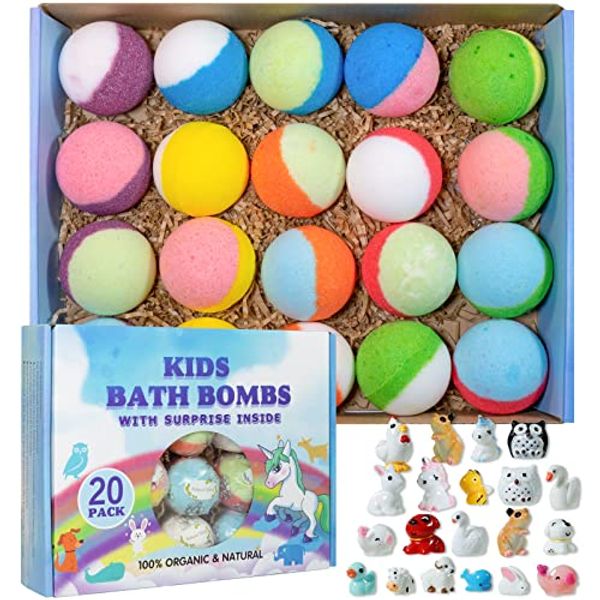 Yekery Bath Bomb Gift Set with Toys Inside, 20 Pack Organic Bath Bombs for Kids, Kids Safe Handmade Fizzy Balls for Kid, Ideal Birthday Gift for Boys & Girls)