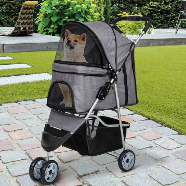 3 Wheels Pet Stroller Dog Cat Lightweight Travel Stroller W/ Cup Holder Grey