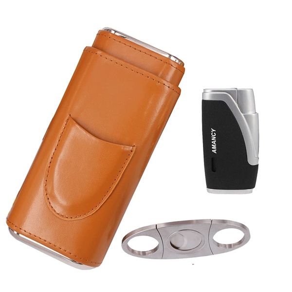 AMANCY Classy Cigar Case Kit with 3 Triple Jet Cigar Lighter and Cutter Great Gift Set