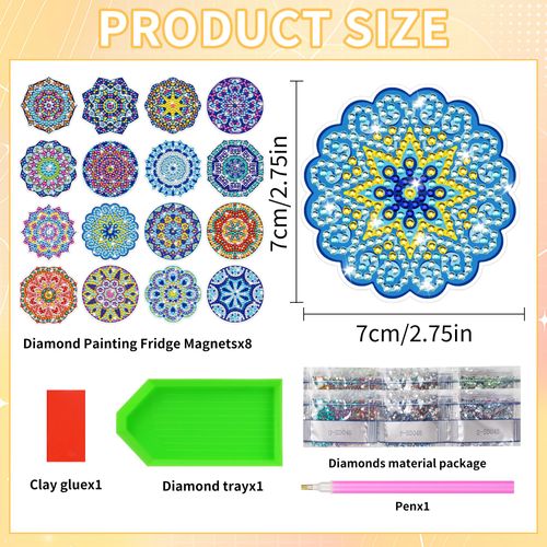 CRASHOT Mandala Diamond Art Magnet Kit: 16 Pcs Classic Mandala Diamond Painting Refrigerator Magnets for Adults & Beginners, Gifts Craft Set with Vibrant Colors, DIY Crafts for Home & Office Decor