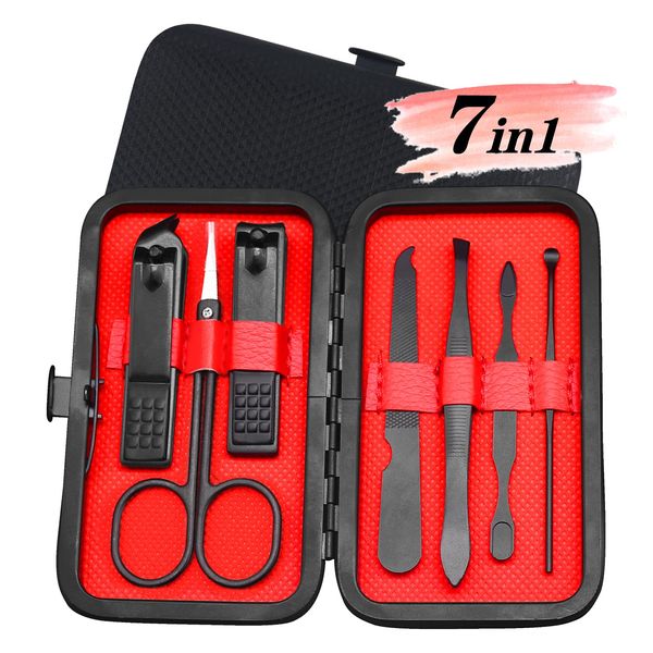 Manicure Set Manicure Pedicure Kit Nail Grooming Kit for Men, 7 in 1 Travel Nail Kit Men Nail Clipper Set for Fingernail Toenail - Black