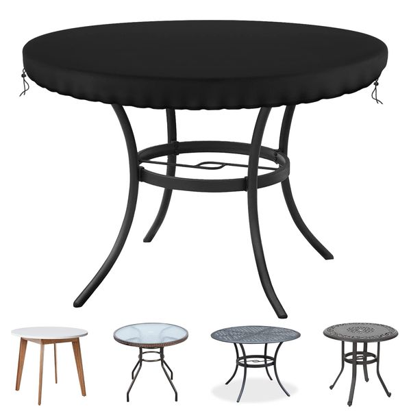 Garden Table Cover Round, Patio Table Top Cover, Outdoor Garden Furniture Cover, Fitted Round Table Cloth, Waterproof Tablecloth, Wipe Clean Table Cover for Outdoor/Indoor Use, Diameter 114cm Black