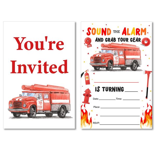 Soiceu Firetruck Birthday Invitations, Watercolors Fire Truck Firetruck Party Invites with Envelopes Set of 20