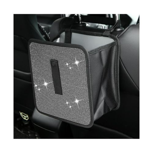 FSTURIOS Car Trash Can, Bling Rhinestone Crystal Waterproof Hanging Garbage Bag for Car Interior, Oxford Leakproof Foldable Waste Organizer Trash Bin Universal for Most Vehicles (White)