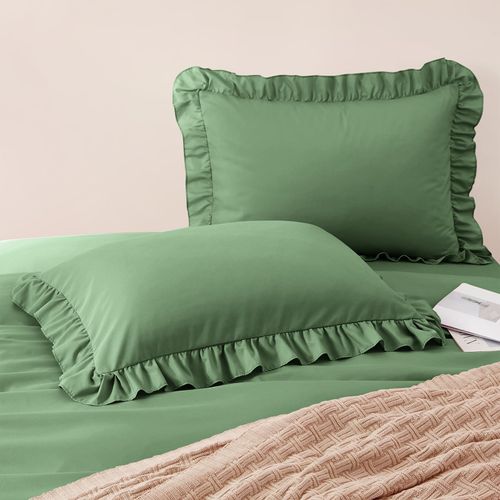 Horbaunal 2 Pack Sage Green Ruffle Pillowcases Standard Size, 20" x 26" Ruffle Pillow Covers Ultra Soft Microfiber Ruffled Fringe Pillow Shams, Shabby Chic Pillow Cases